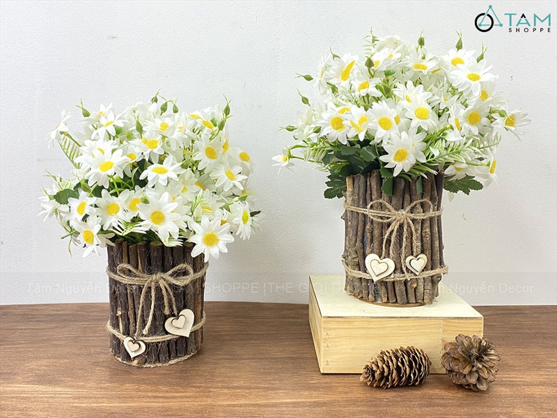 Chậu hoa cúc hoạ mi quấn nhánh cây Handmade [Loại 1] C25cm CHAUHOACS-07